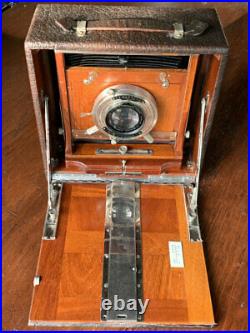 1903 folding field camera, bellows, lens, wooden antique 5x7 B&L zeiss Tessar