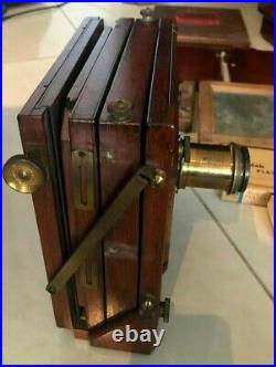 Antique Wray London Wooden Bellows Folding Camera & Extra Plates Boxed + Lens