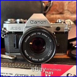 CANON AE-1 Vintage 1980 35mm SLR Film Camera w 50mm f1.8 Lens + Xtras Working