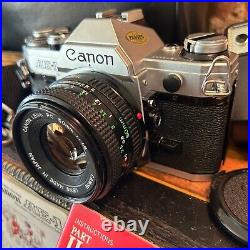 CANON AE-1 Vintage 1980 35mm SLR Film Camera w 50mm f1.8 Lens + Xtras Working