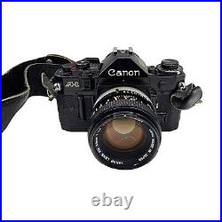 Canon A-1 Vintage Film Camera Leather Strap FD 50mm lens Works Good Condition