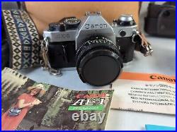 Canon AE-1 35mm Camera Bundle Kit Combo, Flash, 50mm 11.8 Lens, Vintage Strap