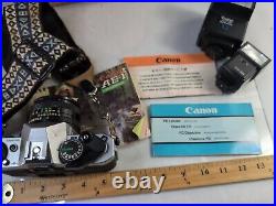 Canon AE-1 35mm Camera Bundle Kit Combo, Flash, 50mm 11.8 Lens, Vintage Strap