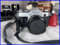 Canon AE-1 Camera With Accessories And Case Vintage 3 Lenses