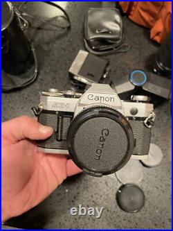 Canon AE-1 SLR Film Camera Black HUGE LOT Lenses/Acc VTG ORIGINAL PAPERS-BAG