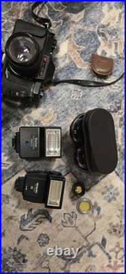 GAF L-CS Vintage SLR Camera Black with Lens, Vivitar Flashes, Accessories