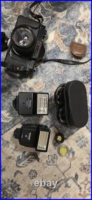 GAF L-CS Vintage SLR Camera Black with Lens, Vivitar Flashes, Accessories