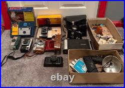Huge Lot Vintage Camera Equipment Kodak Polaroid Cannon Flashes Cameras Lenses