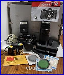 Konica Auto Reflex T4 camera lot vintage With Manual Lenses Case and More