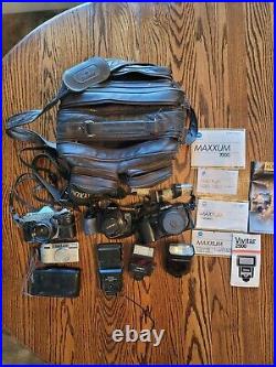 Lot of Vintage 4 Cameras, 3 Flashes, 3 Lens, Cases