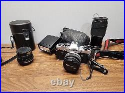 Olympus OM 10 Film Vintage Camera with Flash + 3 Lenses (80-200mm, etc) UNTESTED