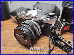 Olympus OM 10 Film Vintage Camera with Flash + 3 Lenses (80-200mm, etc) UNTESTED