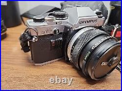 Olympus OM 10 Film Vintage Camera with Flash + 3 Lenses (80-200mm, etc) UNTESTED