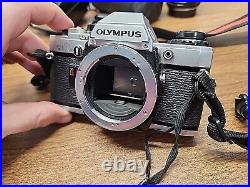 Olympus OM 10 Film Vintage Camera with Flash + 3 Lenses (80-200mm, etc) UNTESTED