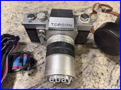 Topcon RE Super SLR Camera Silver Black with Lens, Case, and Strap Vintage