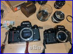 VINTAGE NIKON F CAMERA LOT F2 PHOTOMIC F3, FA WITH LENSES 105mm + more