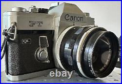 Vintage 60s Canon FT QL 35mm SLR Film Camera with50mm 1.8 Lens & Case Strap