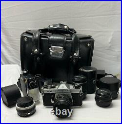 Vintage Asahi Pentax SLR 35mm Camera Set With 4 Lenses, 2 Flashes, Travel Case