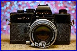 Vintage BLACK Minolta SRT-101 Camera, 50mm ROKKOR-PF lens Film tested & Working
