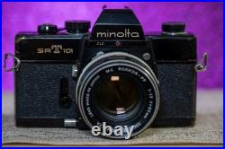 Vintage BLACK Minolta SRT-101 Camera, 50mm ROKKOR-PF lens Film tested & Working