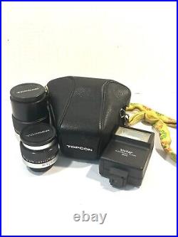 Vintage Black Topcon Unirex Tokyo Kogaku SLR Camera 50 135 35mm 3 Lens Set Flash