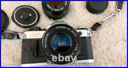 Vintage CANON AE-1 35MM Camera w 3 Lenses Flash + Strap + Covers Uses Film