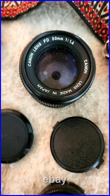 Vintage CANON AE-1 35MM Camera w 3 Lenses Flash + Strap + Covers Uses Film