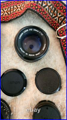 Vintage CANON AE-1 35MM Camera w 3 Lenses Flash + Strap + Covers Uses Film
