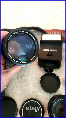 Vintage CANON AE-1 35MM Camera w 3 Lenses Flash + Strap + Covers Uses Film
