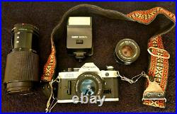 Vintage CANON AE-1 35MM Camera w 3 Lenses Flash + Strap + Covers Uses Film