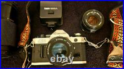 Vintage CANON AE-1 35MM Camera w 3 Lenses Flash + Strap + Covers Uses Film