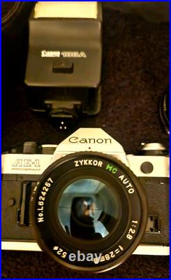 Vintage CANON AE-1 35MM Camera w 3 Lenses Flash + Strap + Covers Uses Film