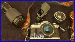 Vintage CANON AE-1 35MM Camera w 3 Lenses Flash + Strap + Covers Uses Film