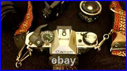 Vintage CANON AE-1 35MM Camera w 3 Lenses Flash + Strap + Covers Uses Film