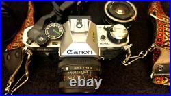 Vintage CANON AE-1 35MM Camera w 3 Lenses Flash + Strap + Covers Uses Film