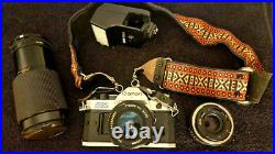 Vintage CANON AE-1 35MM Camera w 3 Lenses Flash + Strap + Covers Uses Film