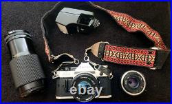 Vintage CANON AE-1 35MM Camera w 3 Lenses Flash + Strap + Covers Uses Film