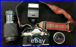 Vintage CANON AE-1 35MM Camera w 3 Lenses Flash + Strap + Covers Uses Film