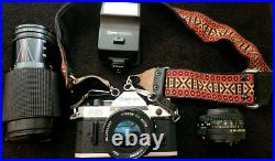 Vintage CANON AE-1 35MM Camera w 3 Lenses Flash + Strap + Covers Uses Film