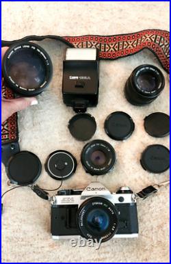 Vintage CANON AE-1 35MM Camera w 3 Lenses Flash + Strap + Covers Uses Film
