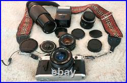 Vintage CANON AE-1 35MM Camera w 3 Lenses Flash + Strap + Covers Uses Film