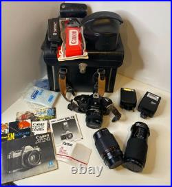 Vintage Camera Lot with Lens, Case, Flash and Strap Nikon, Canon, & Vivitar