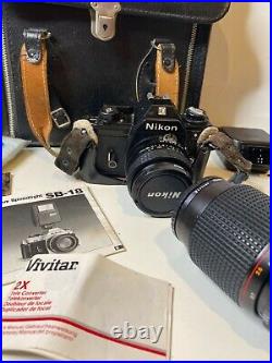 Vintage Camera Lot with Lens, Case, Flash and Strap Nikon, Canon, & Vivitar