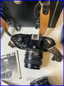 Vintage Camera Lot with Lens, Case, Flash and Strap Nikon, Canon, & Vivitar