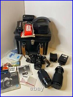 Vintage Camera Lot with Lens, Case, Flash and Strap Nikon, Canon, & Vivitar