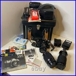 Vintage Camera Lot with Lens, Case, Flash and Strap Nikon, Canon, & Vivitar