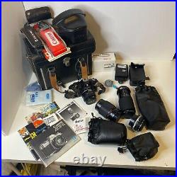 Vintage Camera Lot with Lens, Case, Flash and Strap Nikon, Canon, & Vivitar