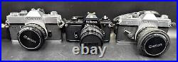 Vintage Camera lot 2 Canon FTb QL 1 Nikon EM Cameras Lenses Untested Sold As Is