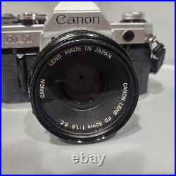 Vintage Canon AE-1 35mm Film SLR Camera with FD 50mm 11.8 Lens And Flash