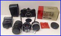 Vintage Canon AE-1 35mm SLR Camera Bundle 50mm Lenses 188A Flash Extension Tube
